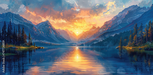 Sunset in the mountains with river. Beautiful nature landscape. Created with Ai