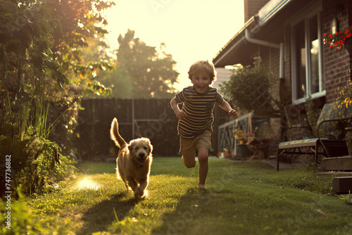 young boy running with the dog in the backyard