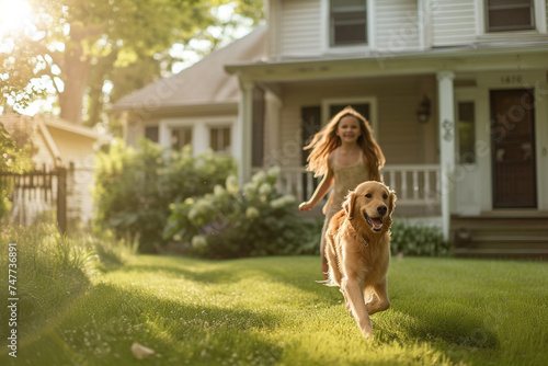 young girl running with the dog in the backyard