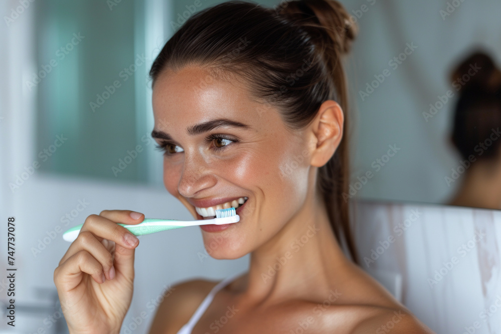 a woman holding toothbrush and smiling with beautiful teeth bokeh style background a woman holding toothbrush and smiling with beautiful teeth bokeh style background