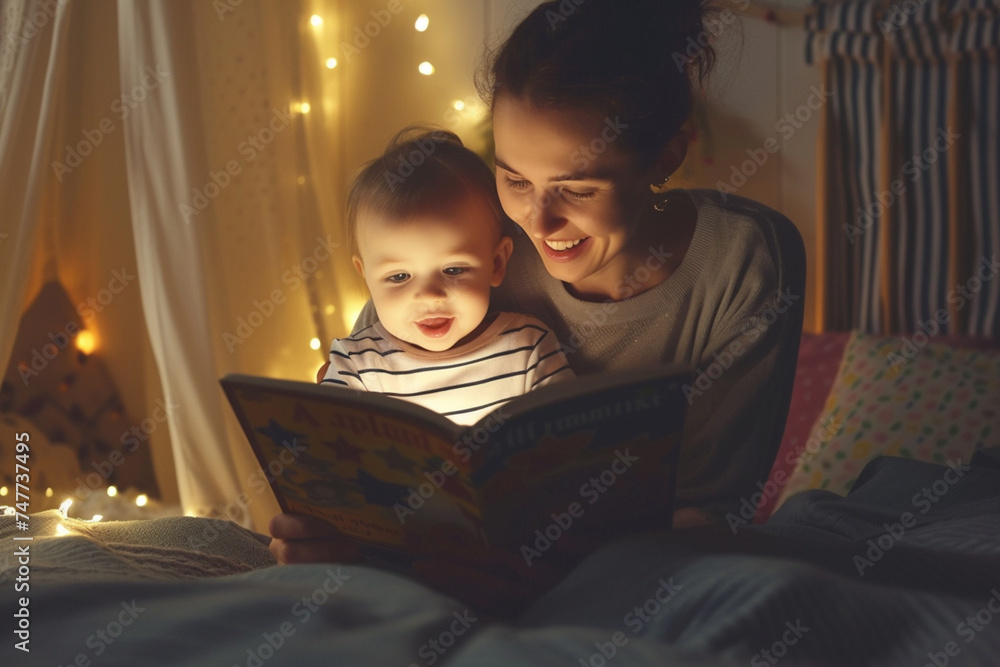 mother reading story tale to her daughter at night bokeh style background mother reading story tale to her daughter at night bokeh style background