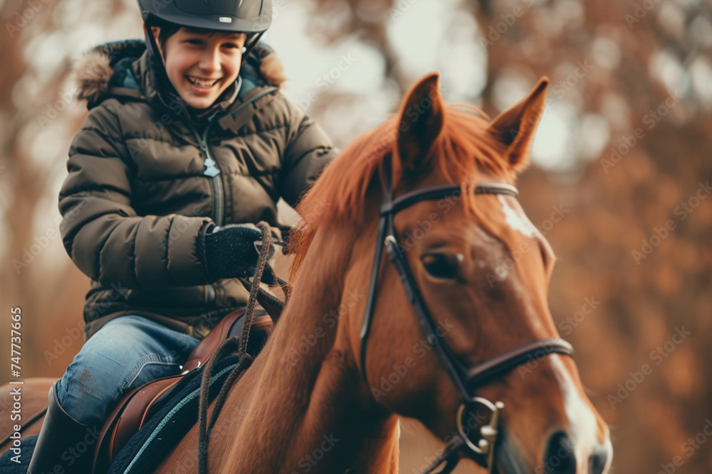 Obraz premium young boy riding horse bokeh style background