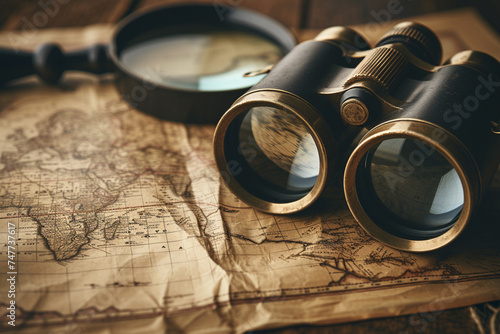 Binoculars maps and magnifying glasses