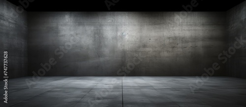 An empty room with smooth concrete walls and floor, creating a minimalist and abstract architectural background. The dark tones give a sense of industrial simplicity and modern design.