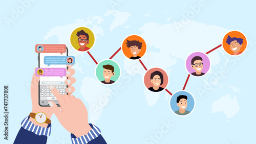 Human hand holding smartphone with social messenger of Group chat or online conference all over the world, Avatars and human face icon with global connectivity and communication concept. Vector.