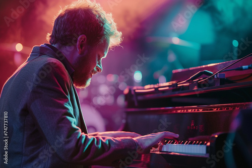 male keyboard player playing the keyboard in the concert bokeh style background