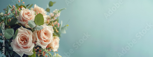 Elegant pastel pink roses with eucalyptus leaves set against a soft blue background, ideal for wedding invitations or Mother's Day greeting card designs