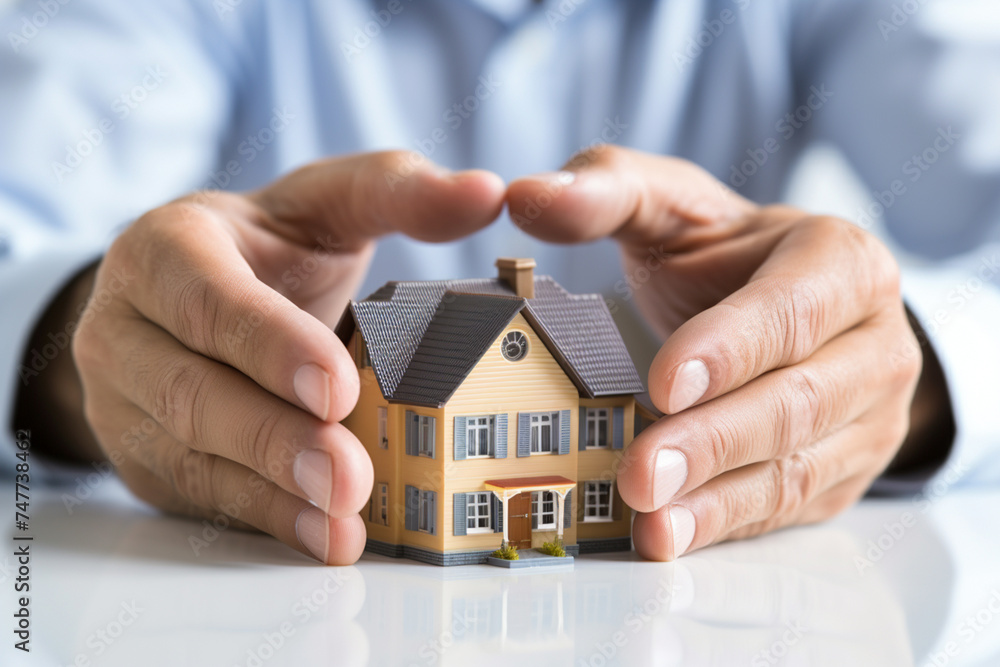 businessman with house model house insurance symbol bokeh style background