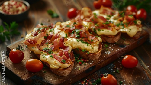 Delectable open-faced sandwiches with melted cheese, crispy bacon, and cherry tomatoes