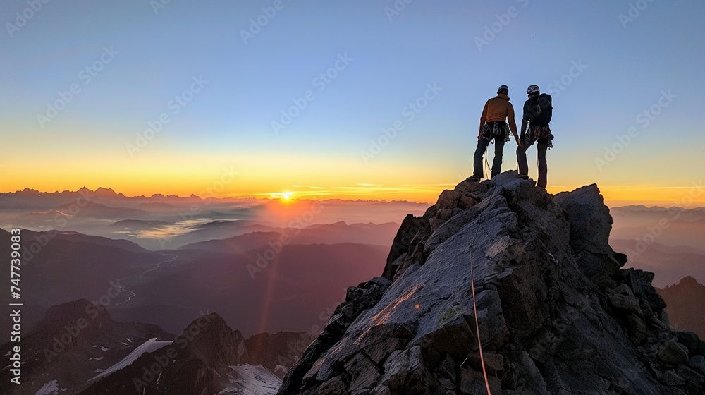 Hikers on the top of the mountain at sunrise.