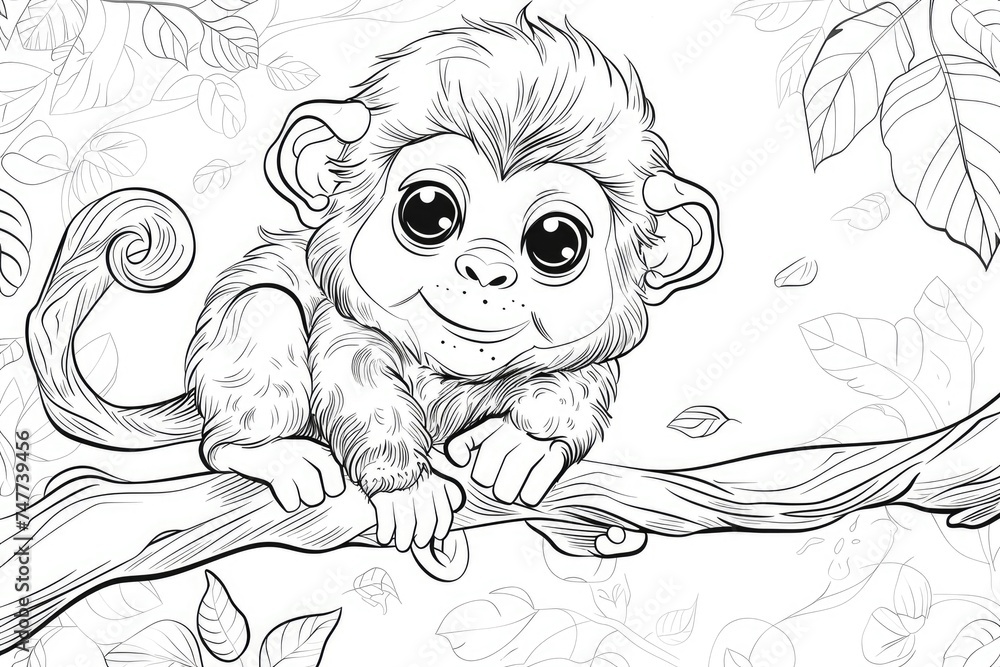 Fototapeta premium Black and white illustration for coloring animals, monkey.