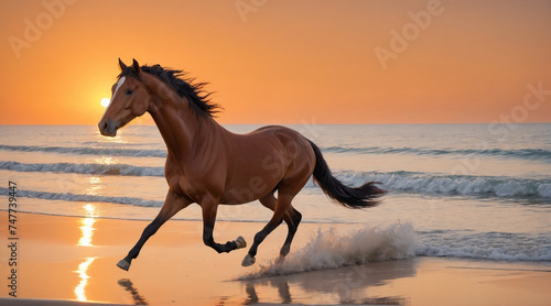 A brown horse is running on the beach against an orange sky