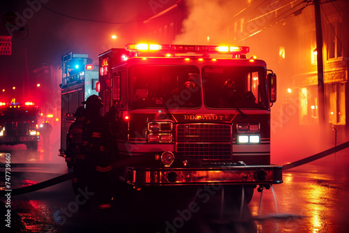 Fire truck and firefighters team are extinguishing fire