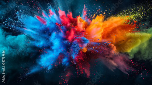 Vibrant explosion of colored powder on dark background, illustrative of celebrations, festivals, or creative design concepts, Holi