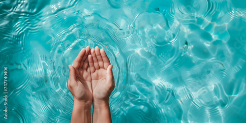 Human hands cupped together to hold water, symbolizing care for the environment, against a rippling aqua blue swimming pool background, conveying a concept of water conservation or summer refreshment