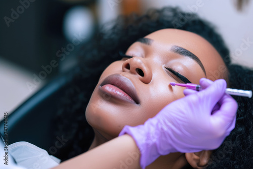 Beautician cosmetologist doing make up for afro girl in beauty salon