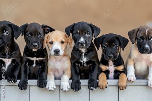 Group of Puppies Sitting in a Row. Generative AI © Lukasz Czajkowski