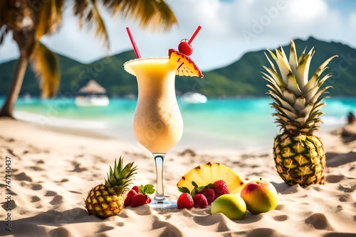 Pina Colada cocktail with fruits on the beach while on vacation