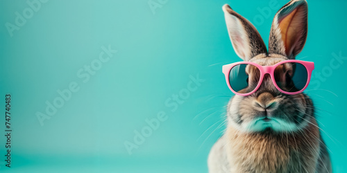 Adorable rabbit wearing pink sunglasses against a turquoise background, perfect for Easter-themed projects and springtime promotions