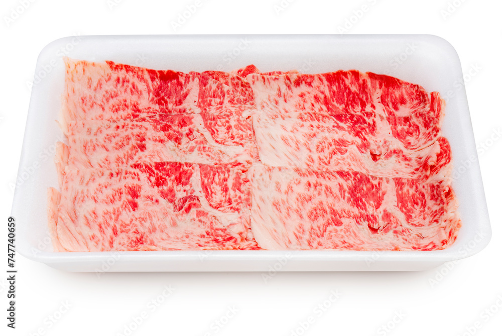 Close up Red beef, Slices Wagyu beef with marbled texturein packaging isolate on white with clipping path.