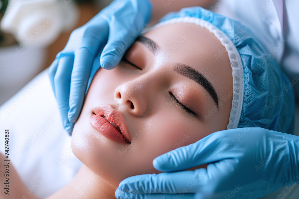 Beautician doing Face skin check before plastic surgery for Malay girl Beautician doing Face skin check before plastic surgery for Malay girl