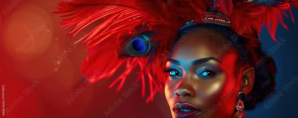 African woman with makeup and feathers on her head at night party ,concept carnival
