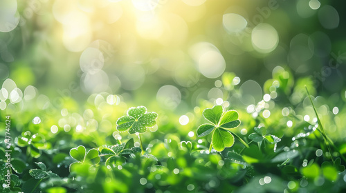 Vibrant green clover leaves with refreshing dew drops set against a softly defocused background, symbolizing natural serenity and associated with Saint Patrick's Day celebrations