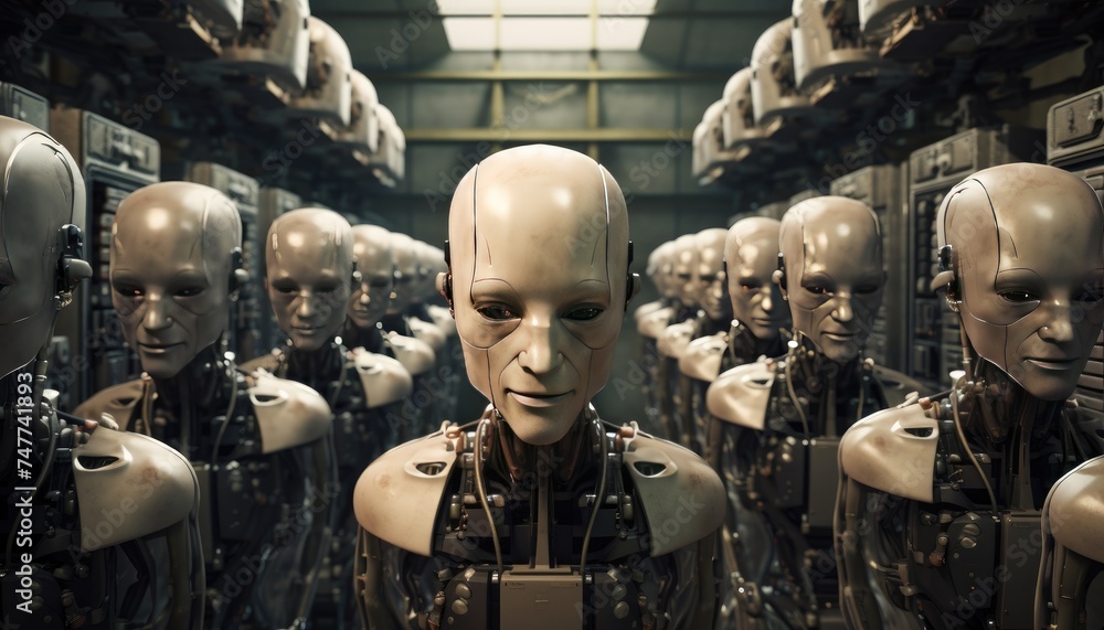 3D rendering of a group of robot heads in a factory 3D rendering of a group of robot heads in a factory