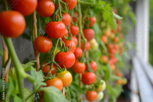 Ripe tomato plant growing in sustainable home. Fresh bunch of red natural tomatoes on a branch in organic vegetable garden. Blurry background and copy space