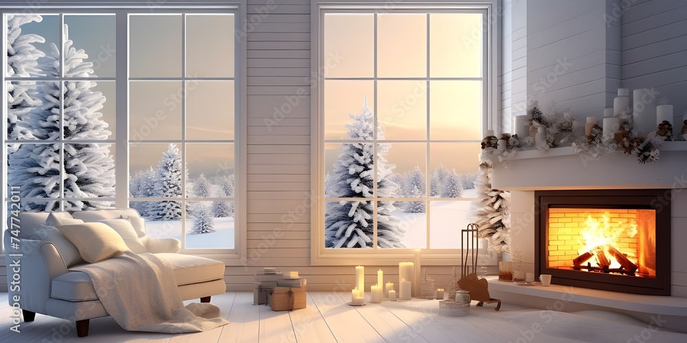 Fototapeta premium Interior of classic white living room with Christmas decor Blazing fireplace burning candles elegant Christmas trees