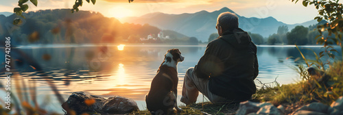 An elderly man and a dog are sitting on the shore of a lake, enjoying an autumn evening. rear view. Loneliness