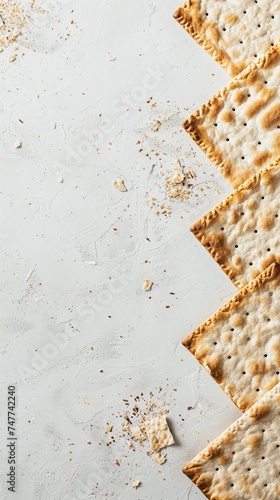 Flat lay composition with matzos on white background, space for text. Passover photo