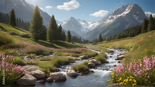 Water stream surrounded by mountains and flowers on a sunny day