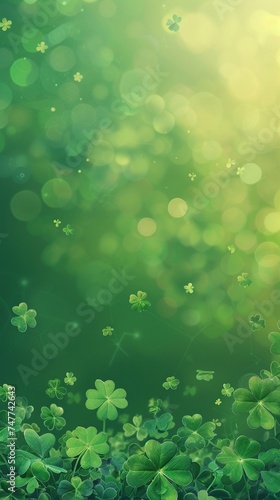 Green background with three-leaved shamrocks, Lucky Irish Four Leaf Clover in the Field for St. Patricks Day holiday symbol. with three-leaved shamrocks, St. Patrick's day holiday symbol, earth day.