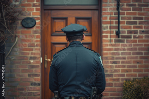The police standing in front of the door of the house