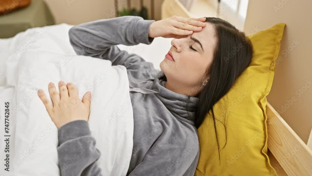 Hispanic woman with headache lying in bed at home, feeling unwell. Hispanic woman with headache lying in bed at home, feeling unwell.