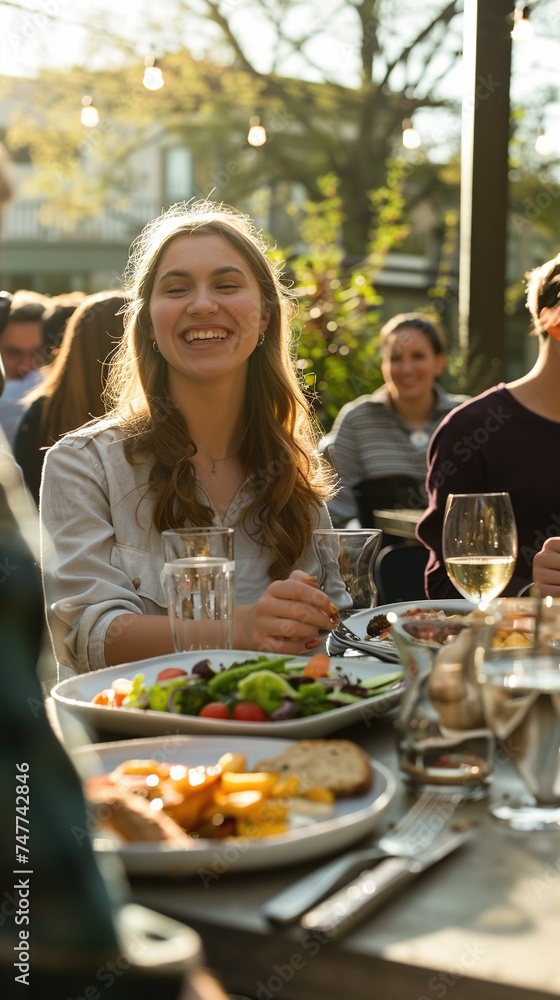 Group of young adults dining outdoors on patio, smiling girl in focus.