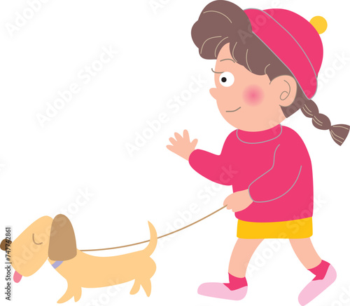 犬を連れて散歩をする女の子 
