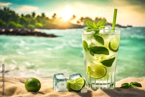 Mojito cocktail with ice, rum, lime and mint in a glass on beach sand and idyllic tropical seascape