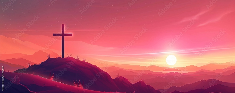 Good friday banner illustration with cross on the hill - obrazy, fototapety, plakaty 