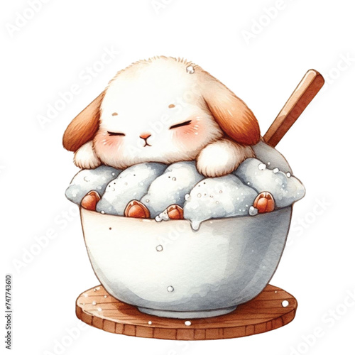 rabbit cute little sleeping on bingsu