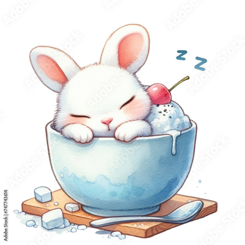 rabbit cute little sleeping on bingsu