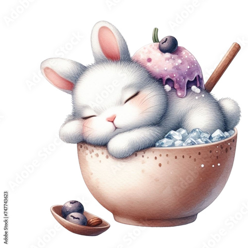 rabbit cute little sleeping on bingsu