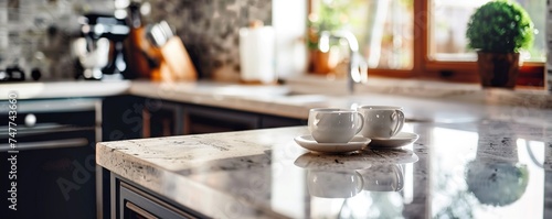 Kitchen island countertop with coffee set  modern kitchen background