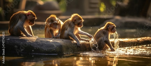 Portrait of a group of Javanese monkeys drinking water in a river to stave off hunger photo