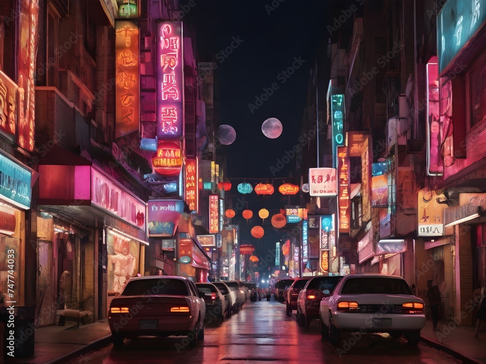A bustling city street at night, illuminated by neon signs and colorful storefronts under a starry sky Generative AI
