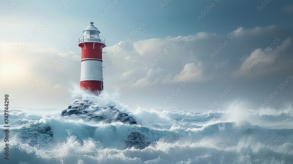 Sturdy lighthouse stands as a guiding beacon against the tempestuous ocean waves.