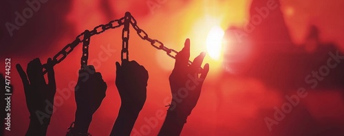International day for the remembrance of the slave trade and its abolition concept: Silhouette human hands raising and broken chains on blurred red sunset