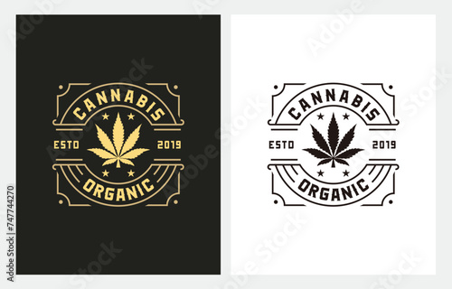Cannabis Marijuana Elegant Vintage Badge Label Gold Logo design vector 