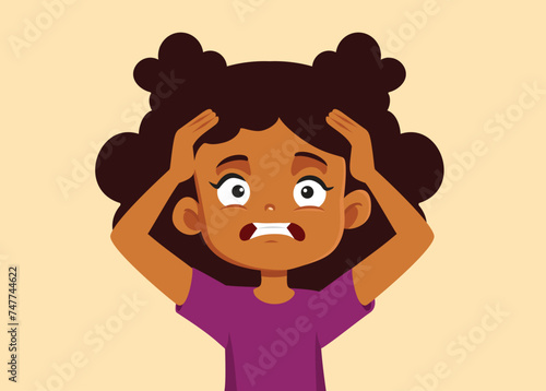
Sick Little Girl Feeling Exasperated Vector Cartoon Illustration. Stressed schoolgirl feeling anxious and overwhelmed 
